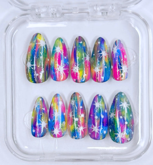 Confetti Galaxy, FUN COLORFUL handmade, rainbow press on nails. 10pc