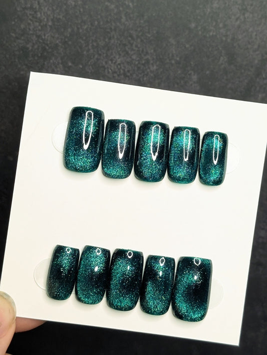 Square Green cat eye budget-friendly reusable press-on nails 10pc