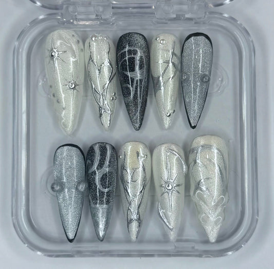 Moonlit Relic, silver and cream chrome reusable handmade press on nails ￼