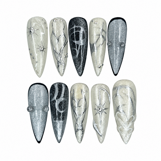 Moonlit Relic, silver and cream chrome reusable handmade press on nails ￼