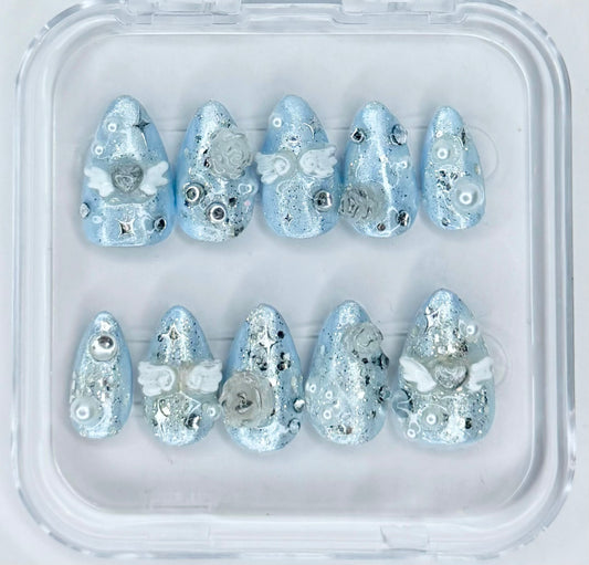 Sparkly angel, Short almond reusable handmade press on nails