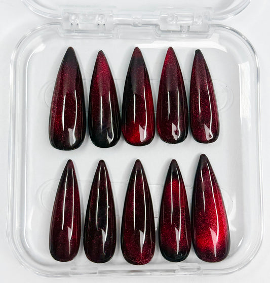 Vampire Claws! Gothic ,Cat eye effect blood red, Reusable press on nails 10pc