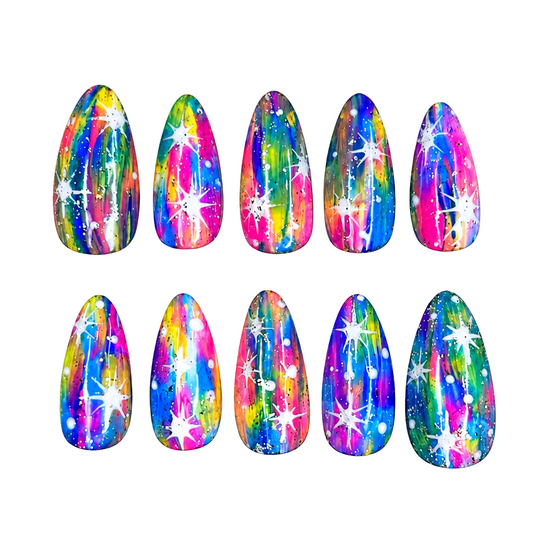 Confetti Galaxy, FUN COLORFUL handmade, rainbow press on nails. 10pc￼