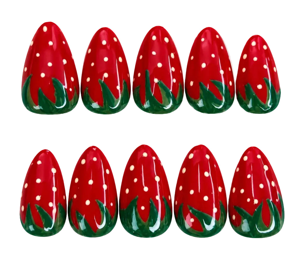 Strawberry bunch! Handmade, durable, short almond length nails 10pc￼