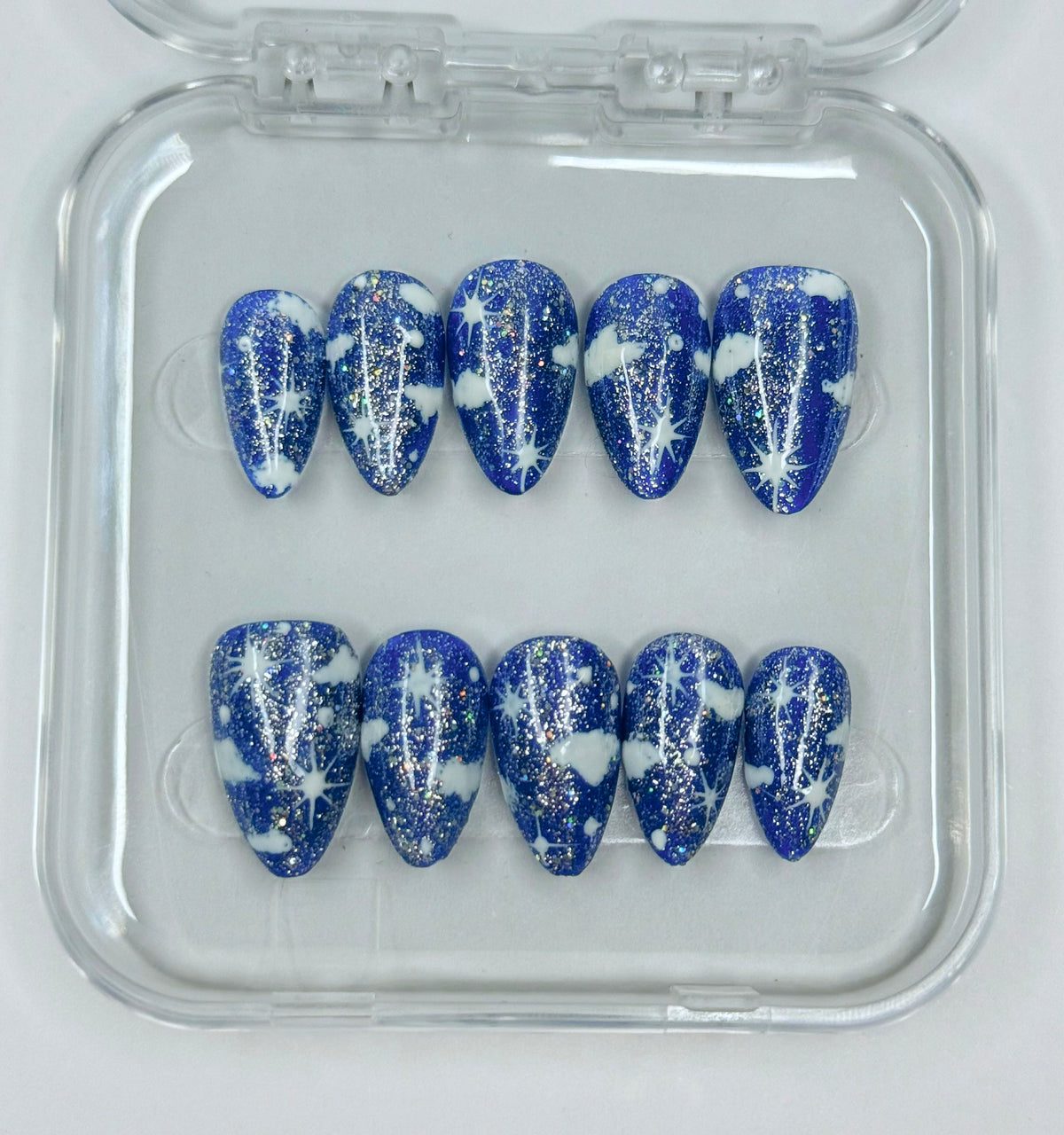 Cloudy Night dark blue sparkly Cloud, reusable press on nails 10pc