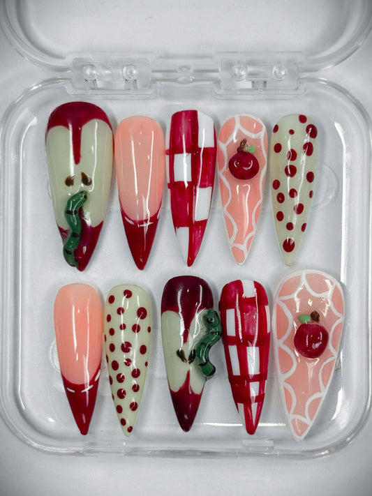 Wormy Picnic, Stiletto long-length handmade durable press on nails. 10pc