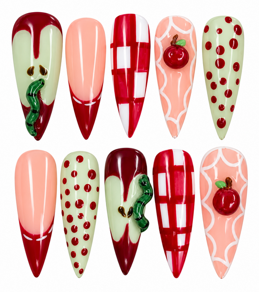 Wormy Picnic, Stiletto long-length handmade durable press on nails. 10pc