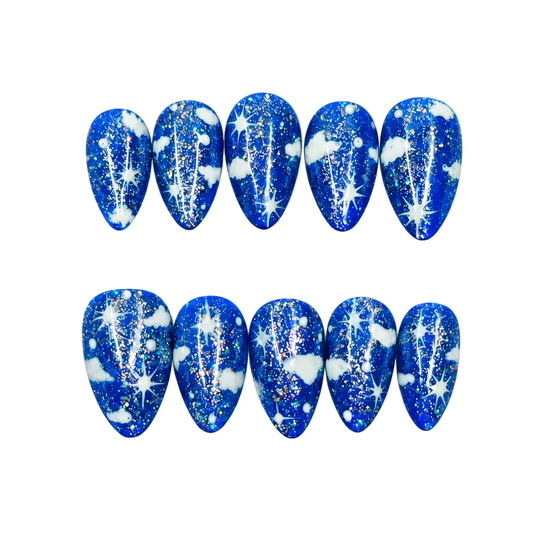 Cloudy Night dark blue sparkly Cloud, reusable press on nails 10pc