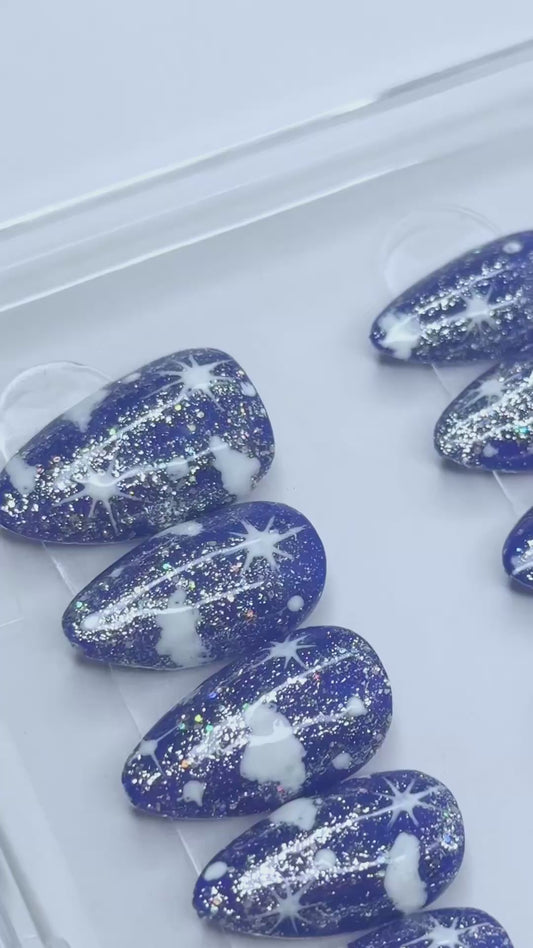 Cloudy Night dark blue sparkly Cloud, reusable press on nails 10pc