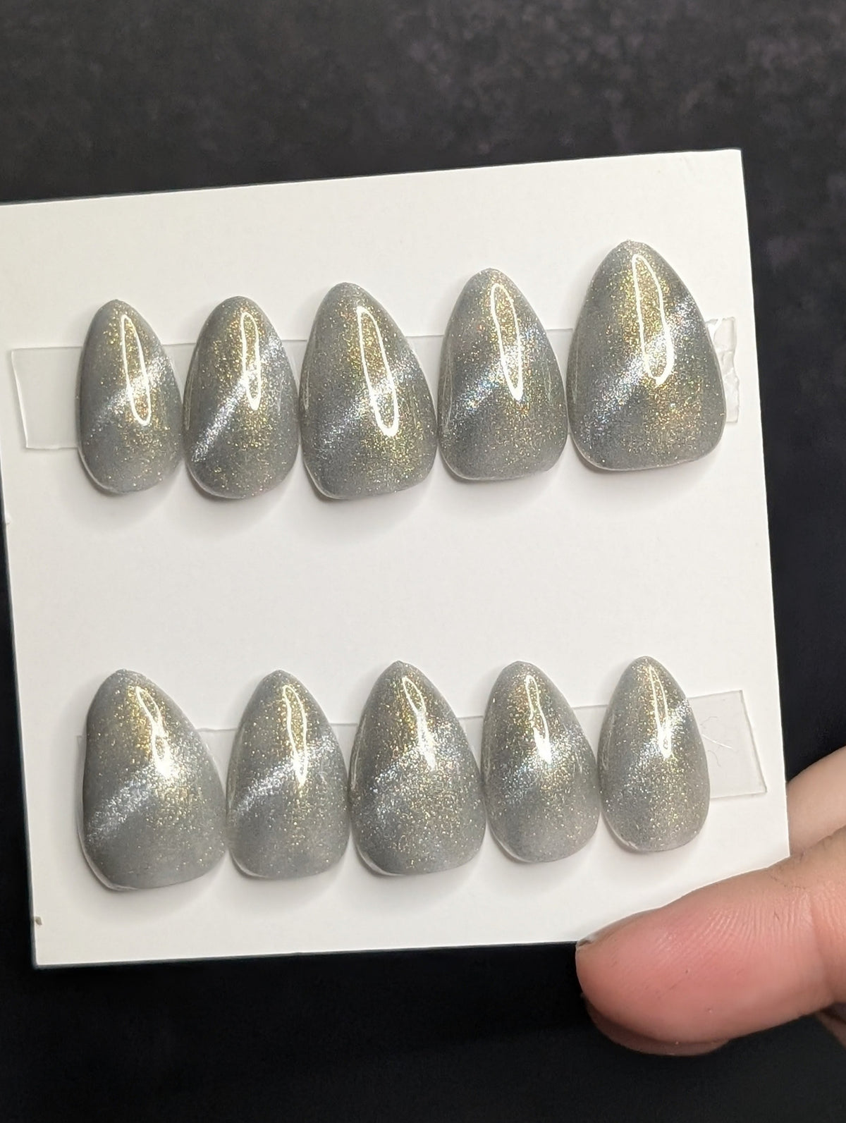 Silver with gold accents Short Almond cat eye budget-friendly reusable press-on nails 10pc