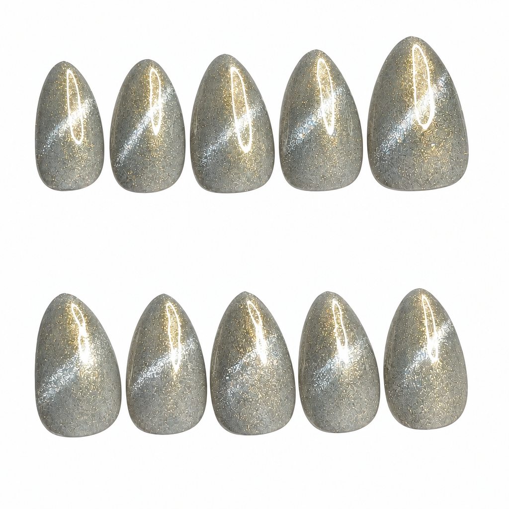 Silver with gold accents Short Almond cat eye budget-friendly reusable press-on nails 10pc