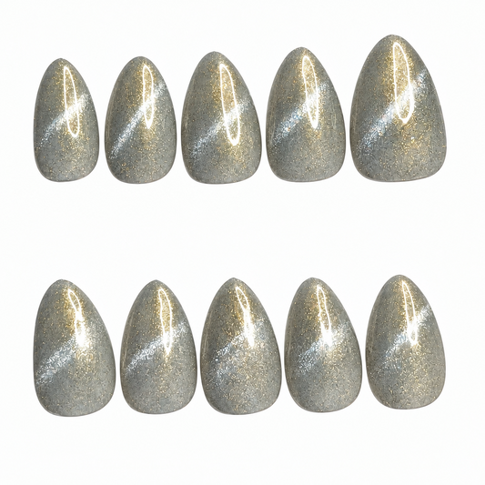 Silver with gold accents Short Almond cat eye budget-friendly reusable press-on nails 10pc