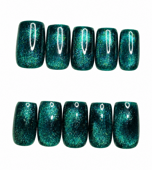 Square Green cat eye budget-friendly reusable press-on nails 10pc