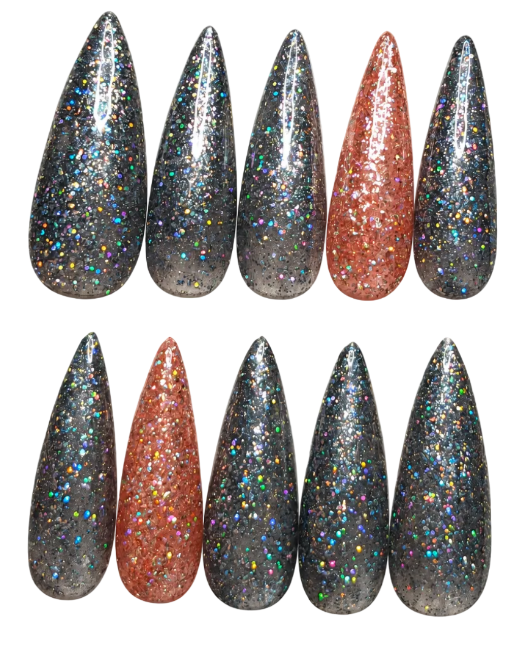 Stiletto shaped sparkly black/ sparkly rose gold budget friendly reusable press-on nails 10pc